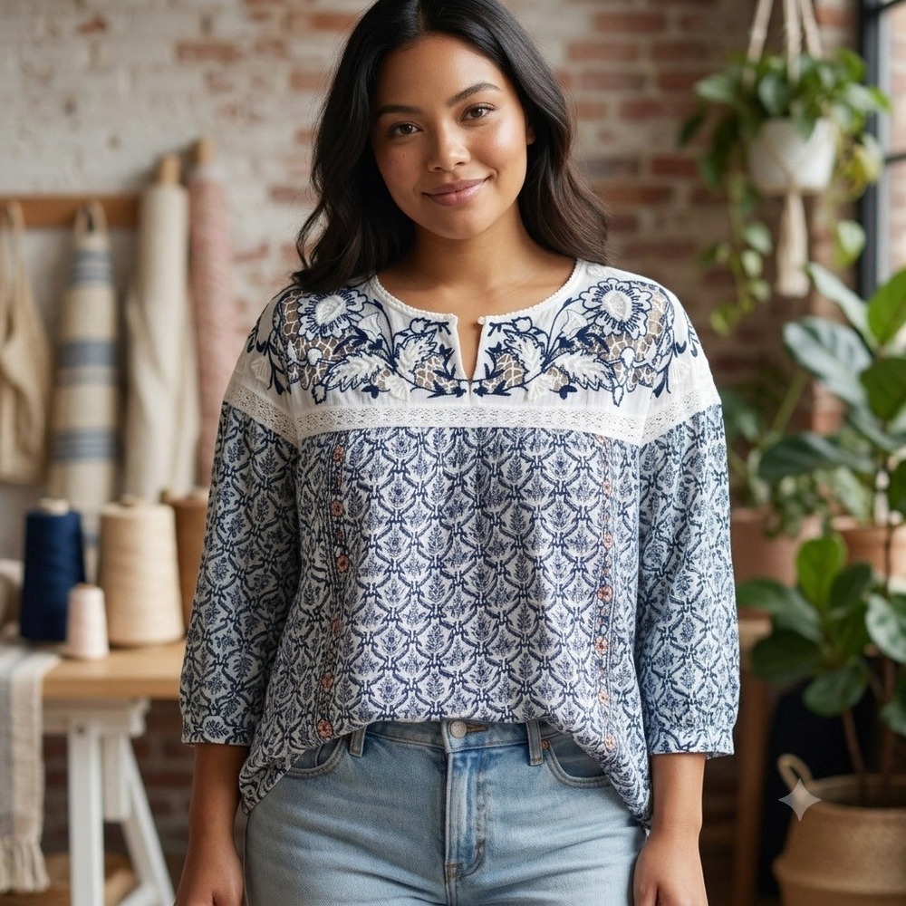 Sundance Womens Petite Medium PM Blue White Embroidered Eyelet Mixed Media Top